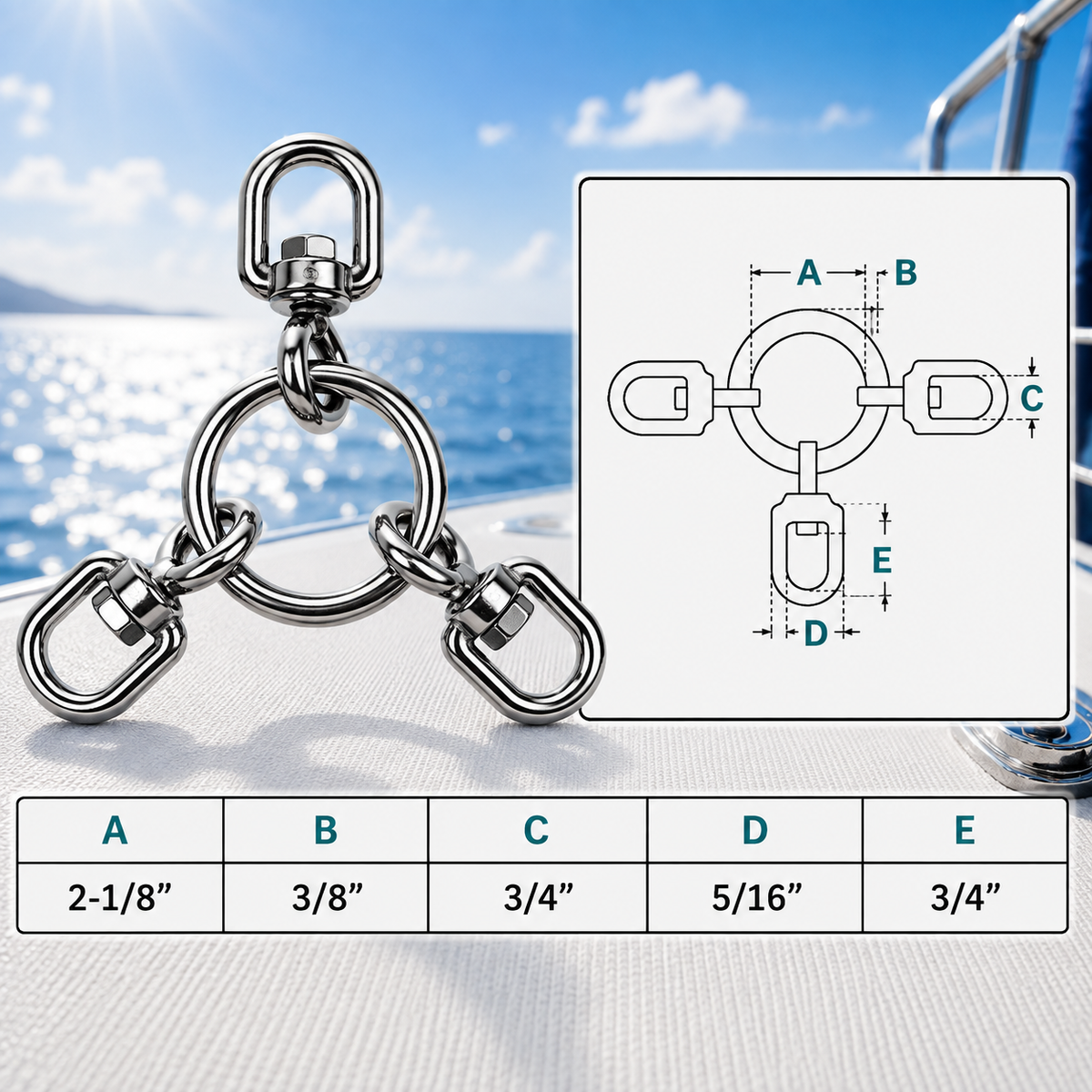10 Pc Set Marine Stainless Steel Ring with 3 Way Swivel Ring, Fishing Tackle Swivel Connector for Rigging, Lines, Hooks, Lures, and Marine Hardware