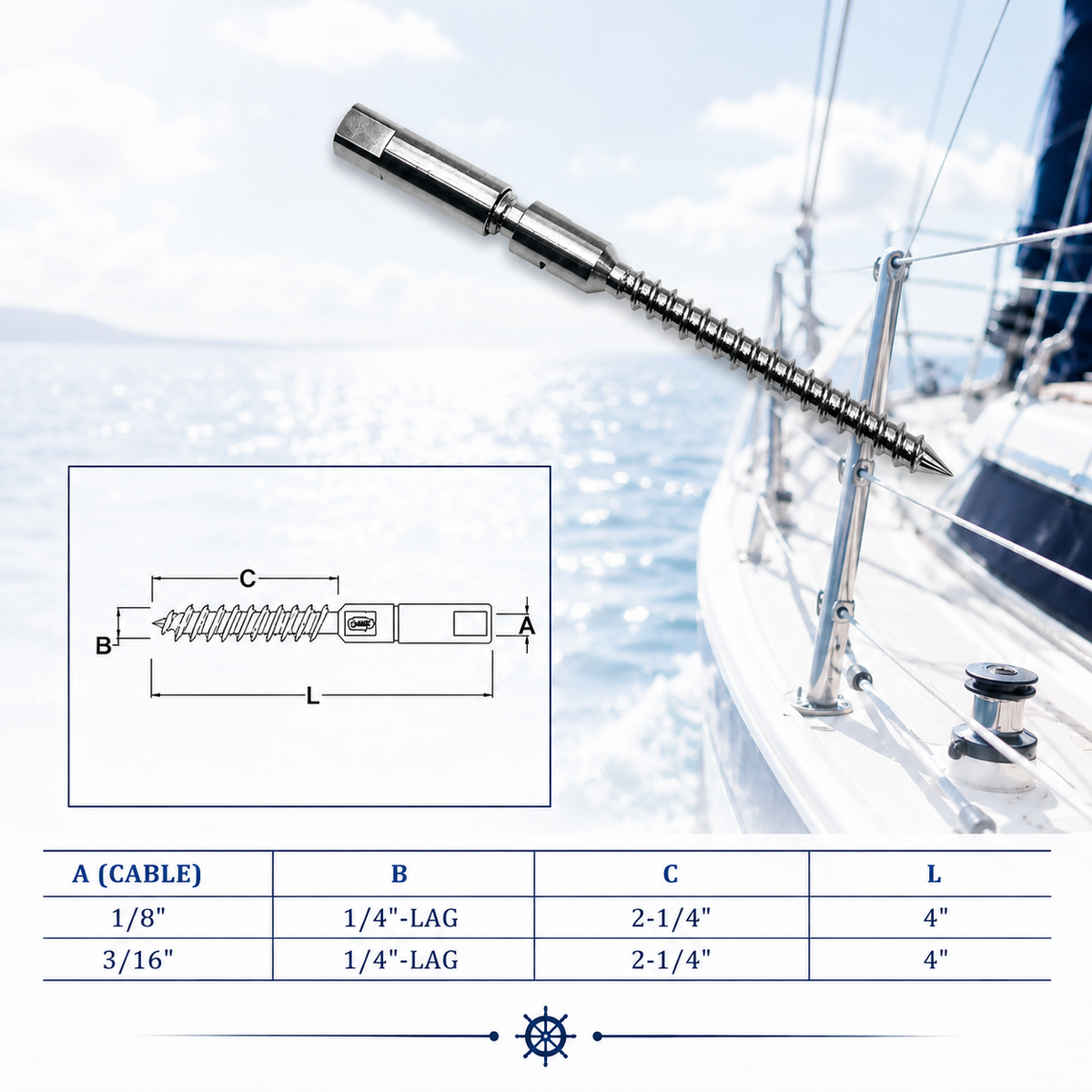 10 Pc Set Marine Stainless Steel Swageless Lag Stud for 1/8" and 3/16" Cable, Wire Rope Terminal Fitting for Deck, Dock, Railing, Rigging