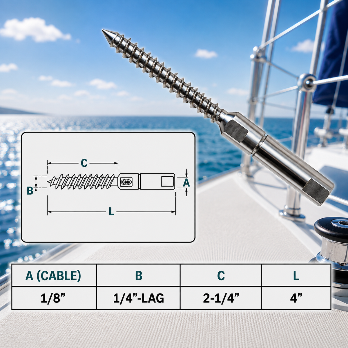 10 Pc Set Marine Stainless Steel Swageless Lag Stud for 1/8" and 3/16" Cable, Wire Rope Terminal Fitting for Deck, Dock, Railing, Rigging