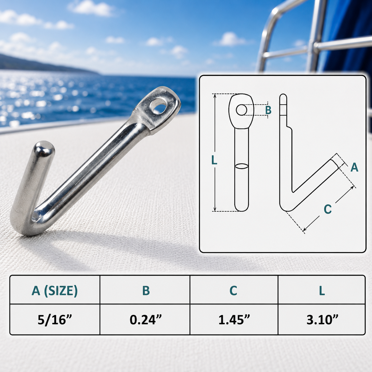 10 Pc Set Marine Stainless Steel Tack Hook, Heavy Duty Boat Rigging Lifting Hook for Rope, Chain, Cable, Dock Hardware, and Outdoor Use