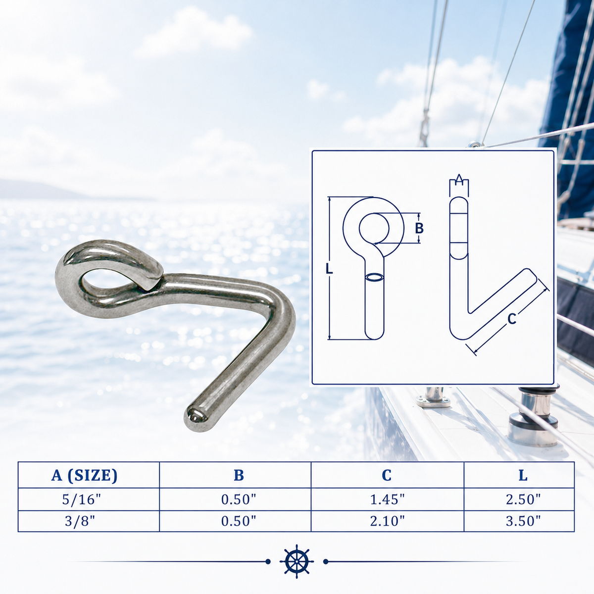 Stainless Steel Downhaul Hook for Marine Boat Rigging, Lifting Hook for Sailboat Lines, Rope, Chain, Dock Hardware, and Outdoor Use