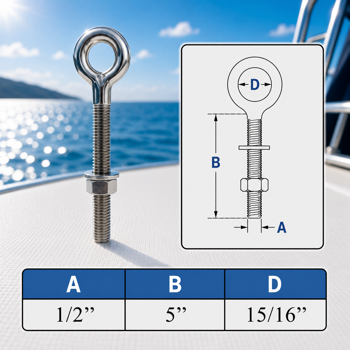 4 Pc Set Marine T316 Stainless Steel Welded Plain Eye Bolt, Rigging Lifting Hardware for Deck, Dock, Cable, Chain, and Rope