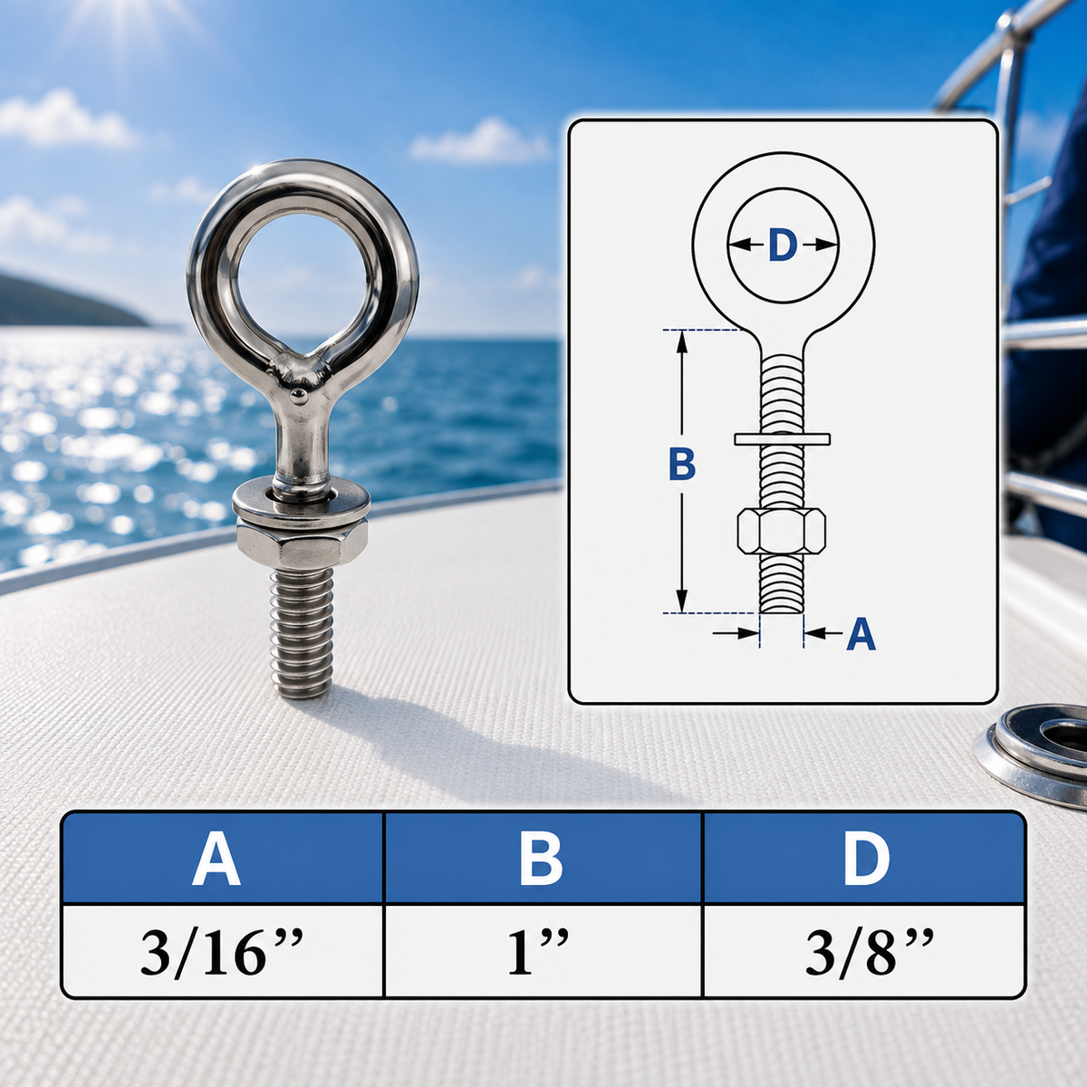 4 Pc Set Marine T316 Stainless Steel Welded Plain Eye Bolt, Rigging Lifting Hardware for Deck, Dock, Cable, Chain, and Rope