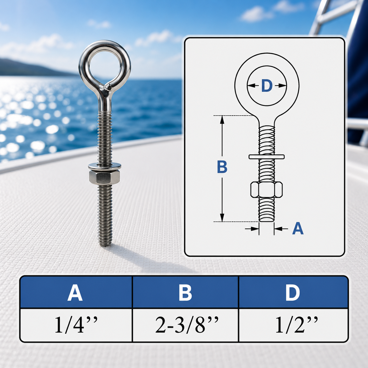 4 Pc Set Marine T316 Stainless Steel Welded Plain Eye Bolt, Rigging Lifting Hardware for Deck, Dock, Cable, Chain, and Rope
