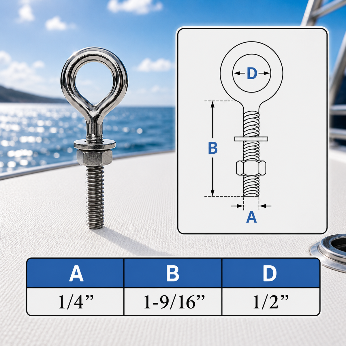 4 Pc Set Marine T316 Stainless Steel Welded Plain Eye Bolt, Rigging Lifting Hardware for Deck, Dock, Cable, Chain, and Rope