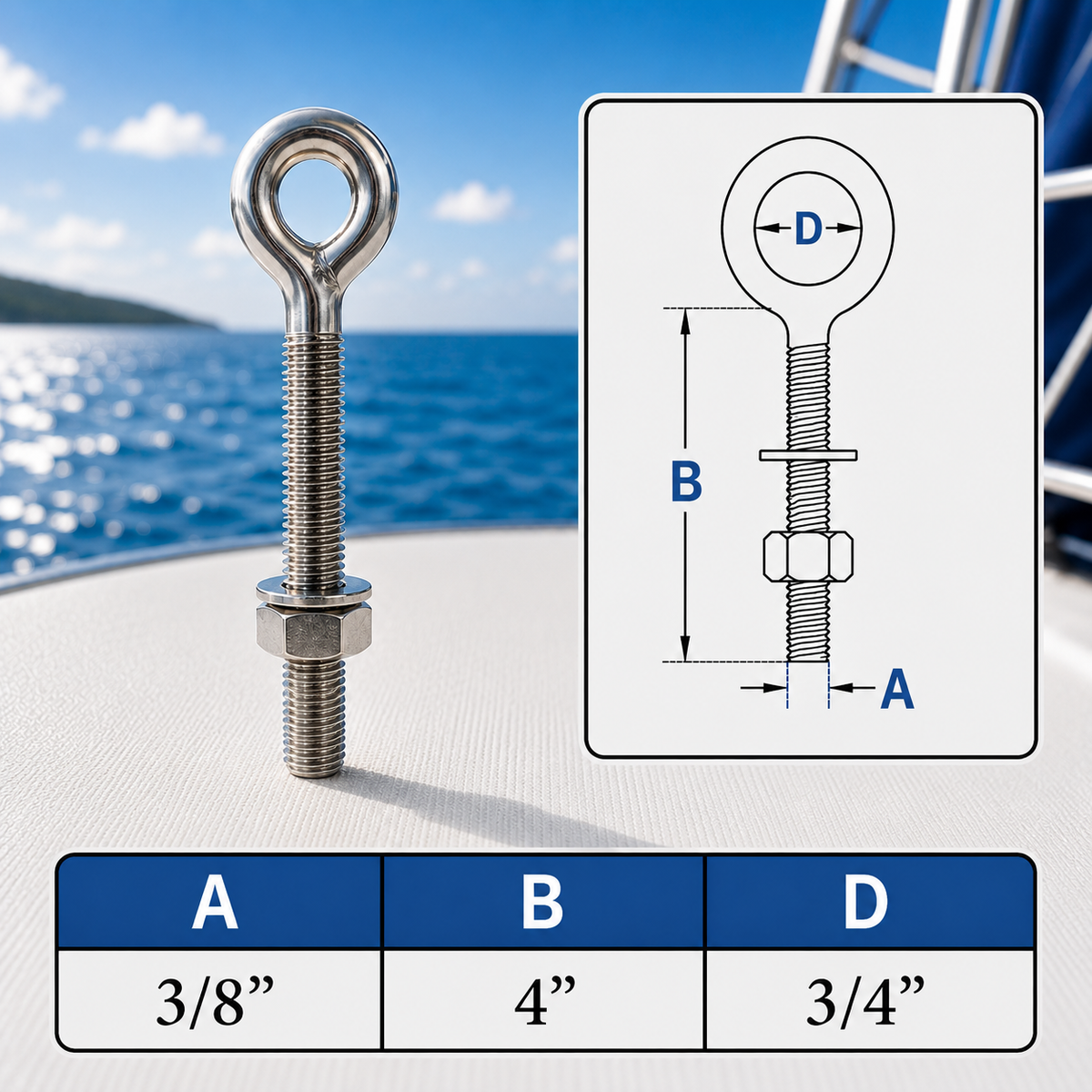 4 Pc Set Marine T316 Stainless Steel Welded Plain Eye Bolt, Rigging Lifting Hardware for Deck, Dock, Cable, Chain, and Rope