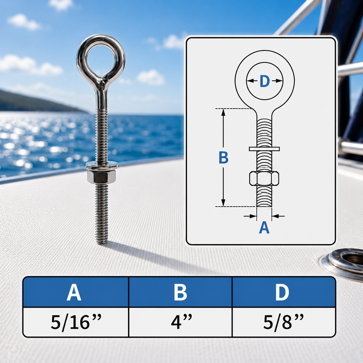 4 Pc Set Marine T316 Stainless Steel Welded Plain Eye Bolt, Rigging Lifting Hardware for Deck, Dock, Cable, Chain, and Rope