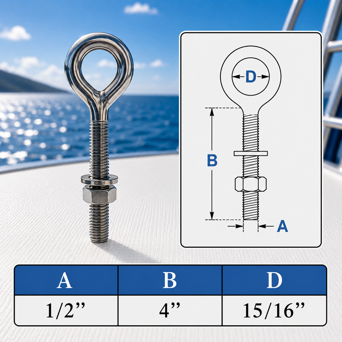 4 Pc Set Marine T316 Stainless Steel Welded Plain Eye Bolt, Rigging Lifting Hardware for Deck, Dock, Cable, Chain, and Rope
