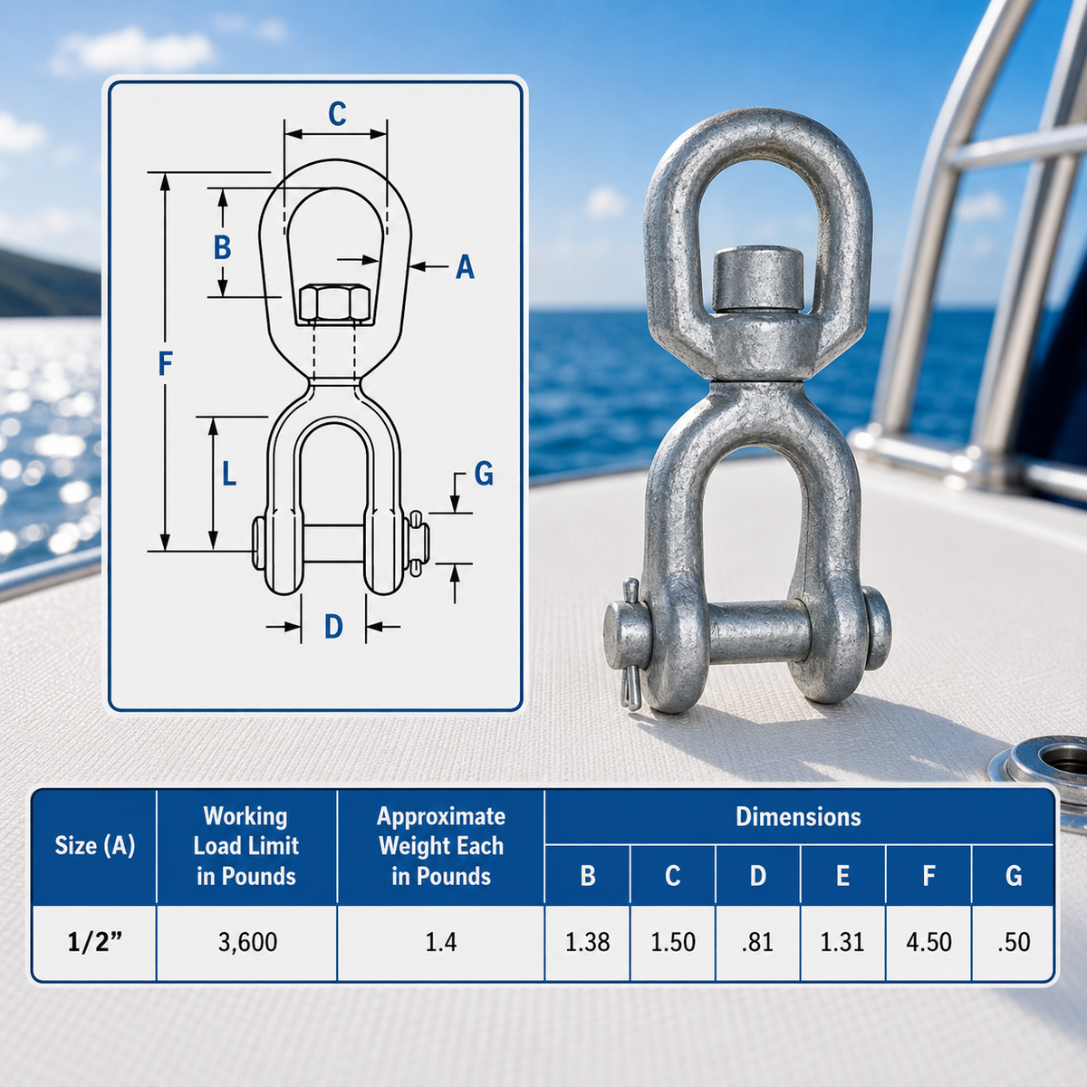 Galvanized Jaw Eye Marine Mooring Swivel, Boat Rigging Swivel Connector for Chain, Anchor, Dock, and Mooring Use