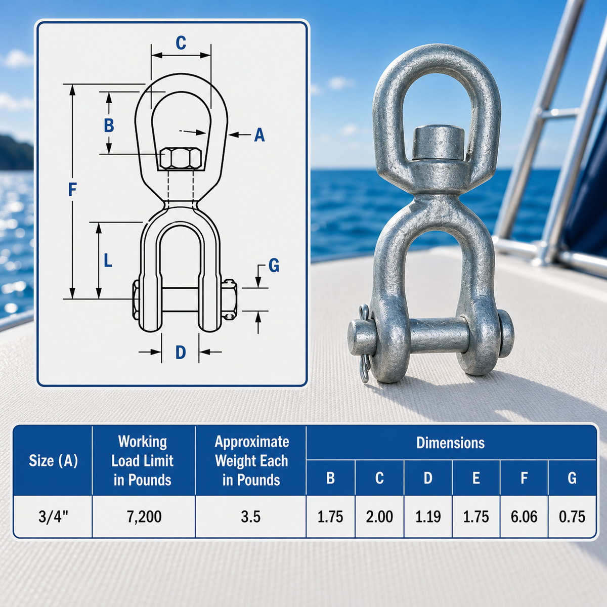 Galvanized Jaw Eye Marine Mooring Swivel, Boat Rigging Swivel Connector for Chain, Anchor, Dock, and Mooring Use