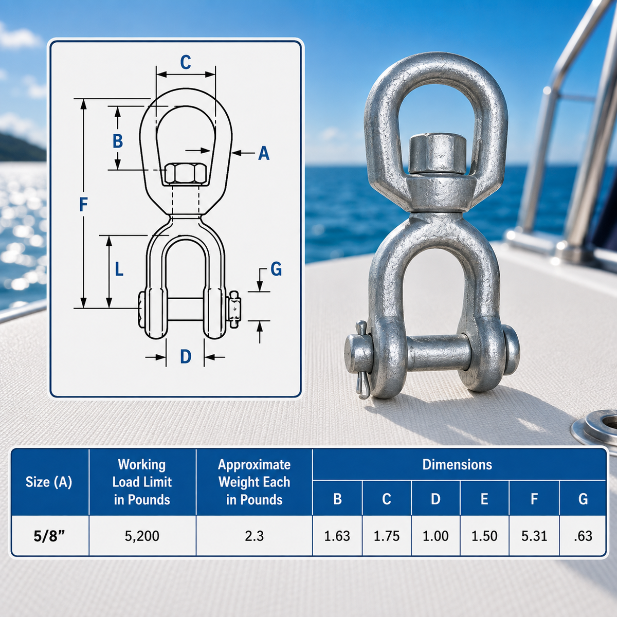 Galvanized Jaw Eye Marine Mooring Swivel, Boat Rigging Swivel Connector for Chain, Anchor, Dock, and Mooring Use