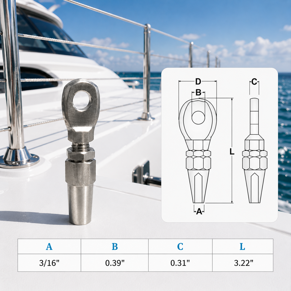 Marine Boat T316 Stainless Steel Swageless Eye Terminal, Cable Rail Railing Wire Rope End Fitting for Deck, Stair, Dock, and Rigging