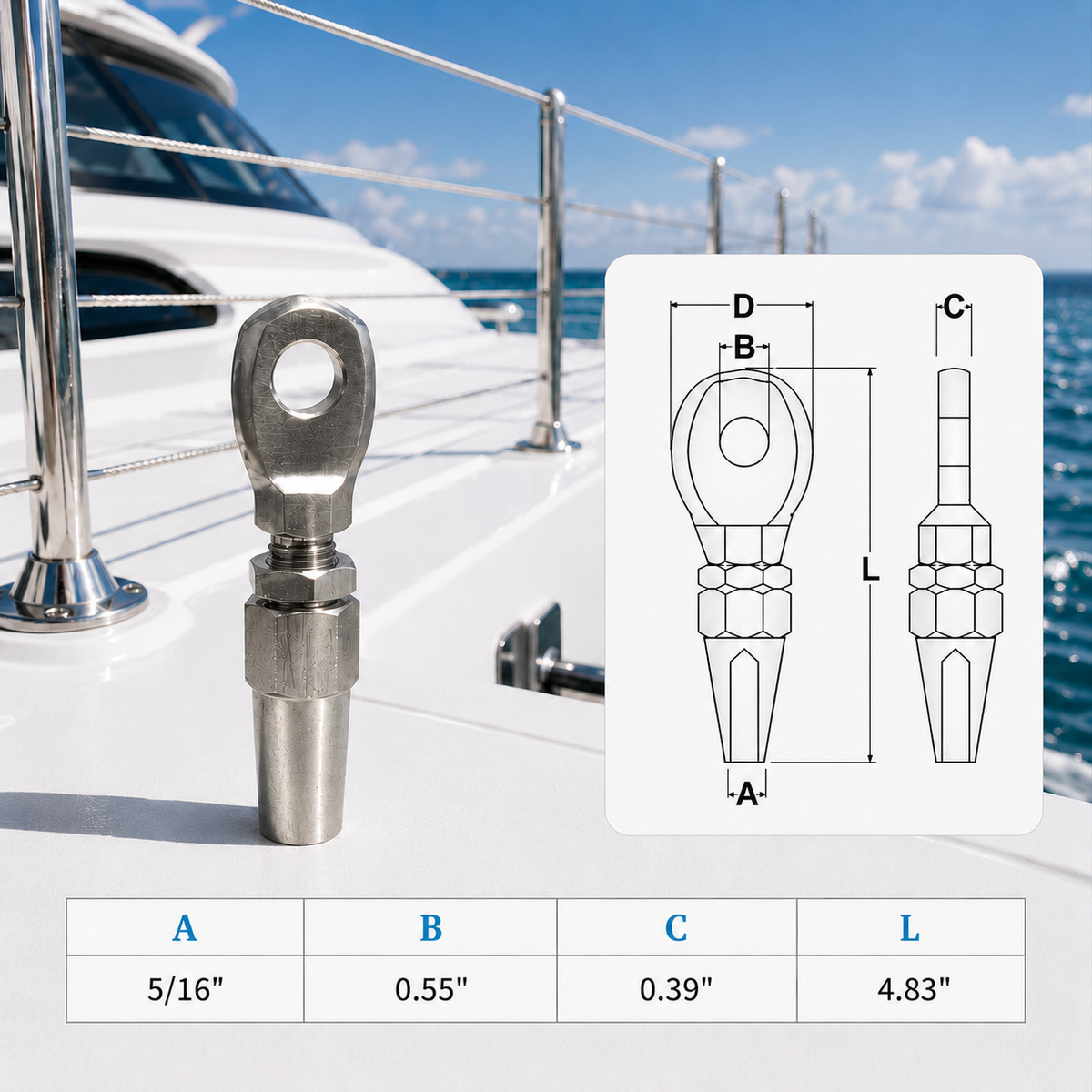 Marine Boat T316 Stainless Steel Swageless Eye Terminal, Cable Rail Railing Wire Rope End Fitting for Deck, Stair, Dock, and Rigging
