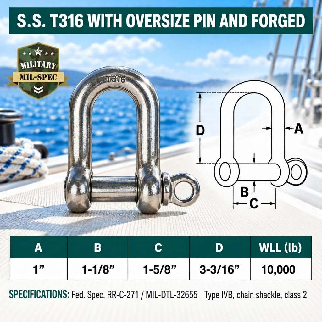 Mil Spec T316 Stainless Steel Forged Screw Pin Chain Shackle, Marine Grade Rigging Shackle for Chain, Rope, Cable, and Boat Hardware