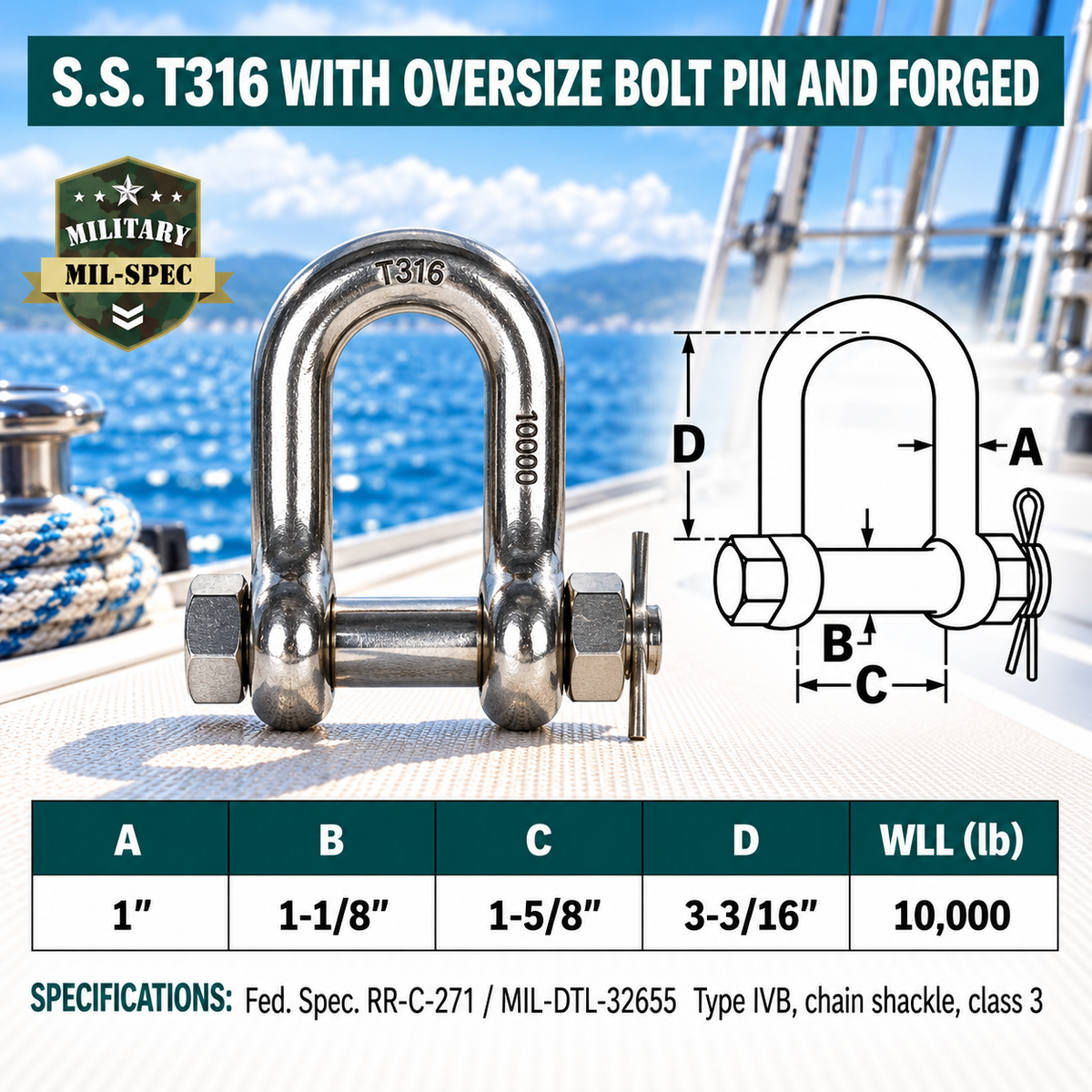 Mil Spec T316 Stainless Steel Forged Bolt Pin Chain Shackle, Marine Grade Rigging Shackle for Chain, Rope, Cable, and Anchor Use