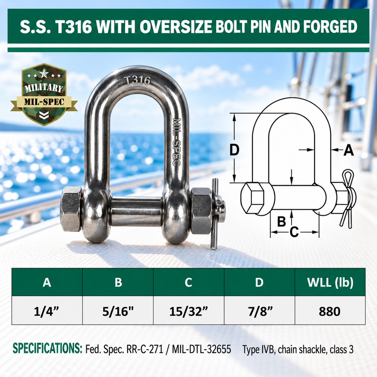 Mil Spec T316 Stainless Steel Forged Bolt Pin Chain Shackle, Marine Grade Rigging Shackle for Chain, Rope, Cable, and Anchor Use