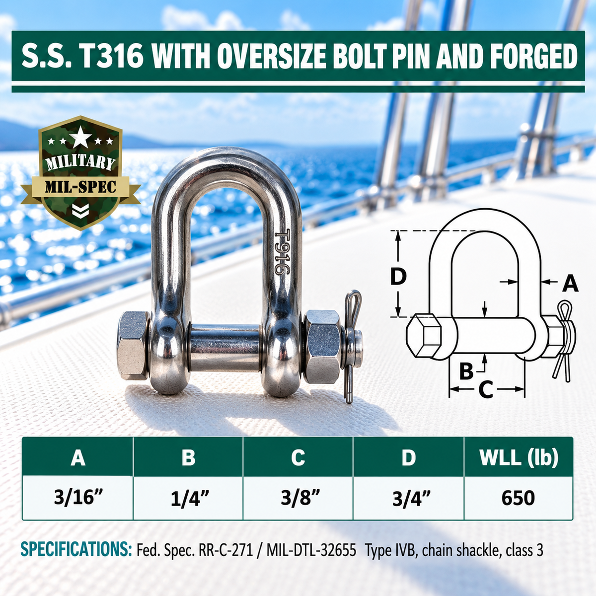 Mil Spec T316 Stainless Steel Forged Bolt Pin Chain Shackle, Marine Grade Rigging Shackle for Chain, Rope, Cable, and Anchor Use
