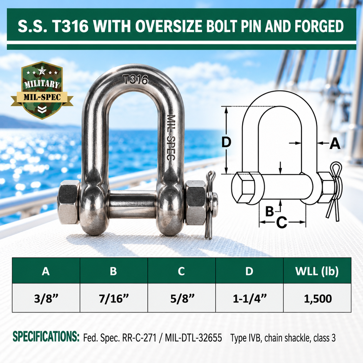 Mil Spec T316 Stainless Steel Forged Bolt Pin Chain Shackle, Marine Grade Rigging Shackle for Chain, Rope, Cable, and Anchor Use