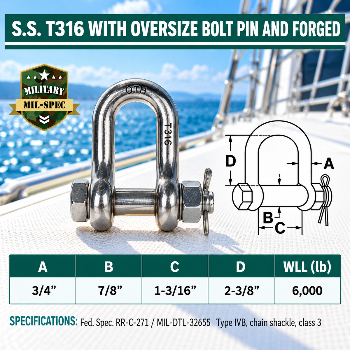 Mil Spec T316 Stainless Steel Forged Bolt Pin Chain Shackle, Marine Grade Rigging Shackle for Chain, Rope, Cable, and Anchor Use