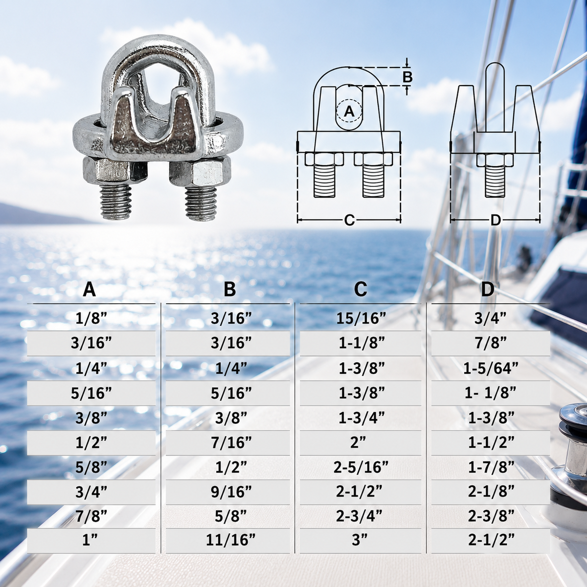 Marine 316 Stainless Steel Heavy Duty Wire Rope Clips, 1/8" to 1" Cable Clamp for Boat, Rigging, and Cable Systems