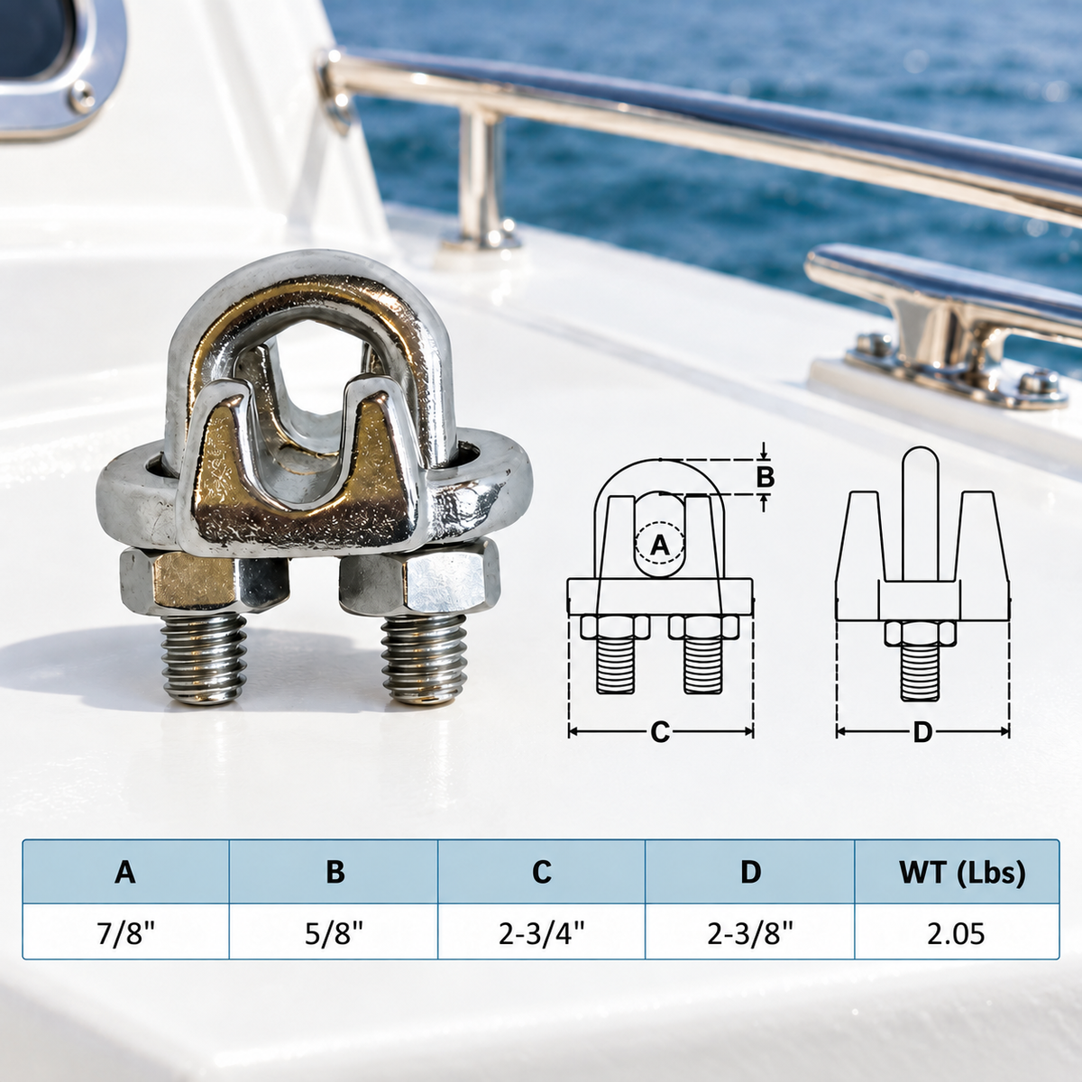 Marine 316 Stainless Steel Heavy Duty Wire Rope Clips, 1/8" to 1" Cable Clamp for Boat, Rigging, and Cable Systems
