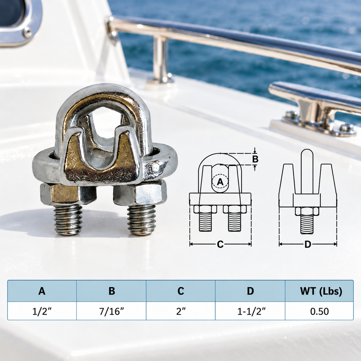 Marine 316 Stainless Steel Heavy Duty Wire Rope Clips, 1/8" to 1" Cable Clamp for Boat, Rigging, and Cable Systems