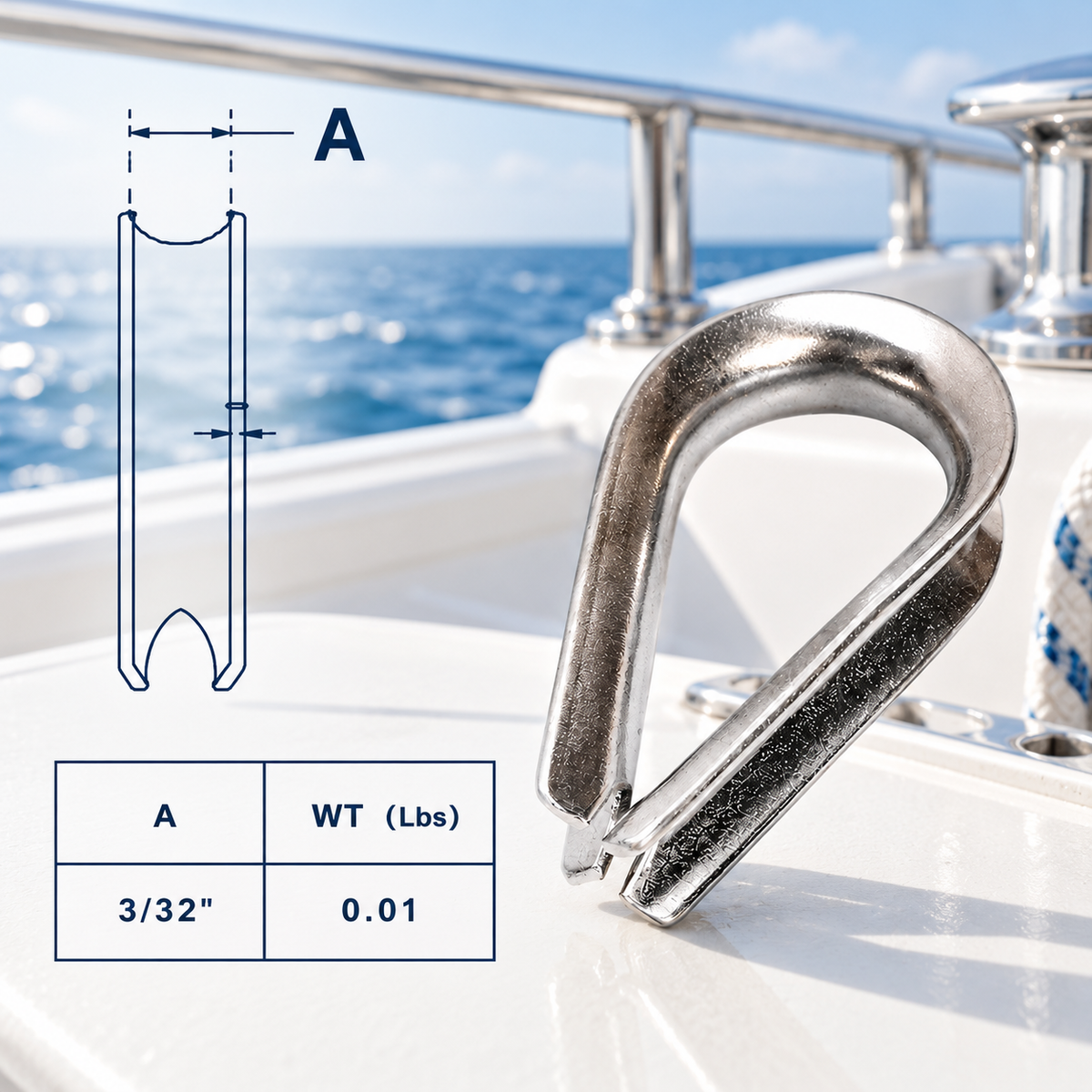 10 Pc Set T316 Stainless Steel Light Duty Wire Rope Thimble, Cable Eye Loop Protector for 3/32", 1/8", 3/16", 1/4", and 5/16" Cable