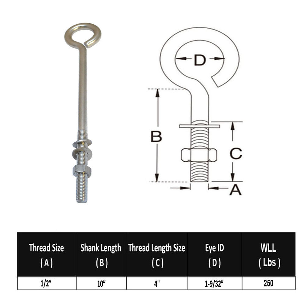 10 Pc Set Marine T316 Stainless Steel Turned Eye Bolt with Nut and Washers, Boat Rigging Eye Bolt for Deck, Dock, and Outdoor Use