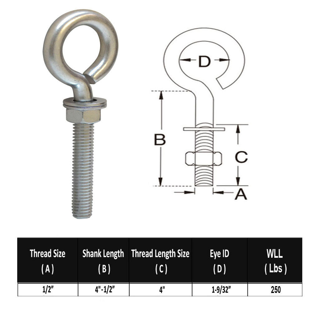 10 Pc Set Marine T316 Stainless Steel Turned Eye Bolt with Nut and Washers, Boat Rigging Eye Bolt for Deck, Dock, and Outdoor Use