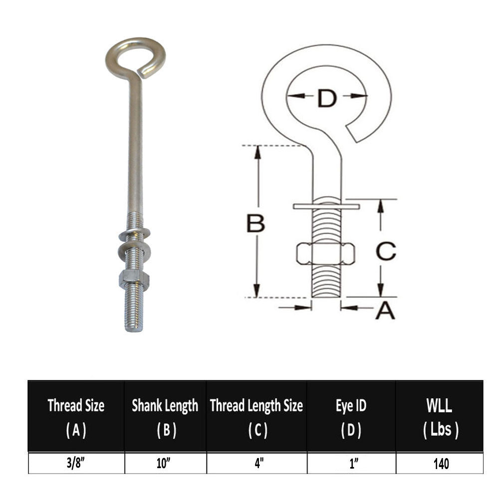 10 Pc Set Marine T316 Stainless Steel Turned Eye Bolt with Nut and Washers, Boat Rigging Eye Bolt for Deck, Dock, and Outdoor Use