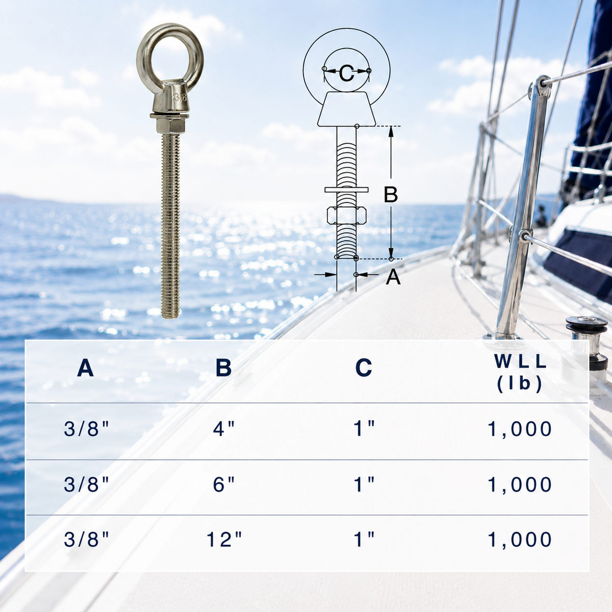 Stainless Steel T316 Marine Shoulder Eye Bolt, Fully Threaded 4", 6", and 12" Eye Bolt for Boat, Dock, and Rigging Use