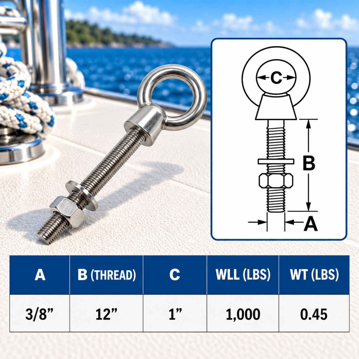 Stainless Steel T316 Marine Shoulder Eye Bolt, Fully Threaded 4", 6", and 12" Eye Bolt for Boat, Dock, and Rigging Use