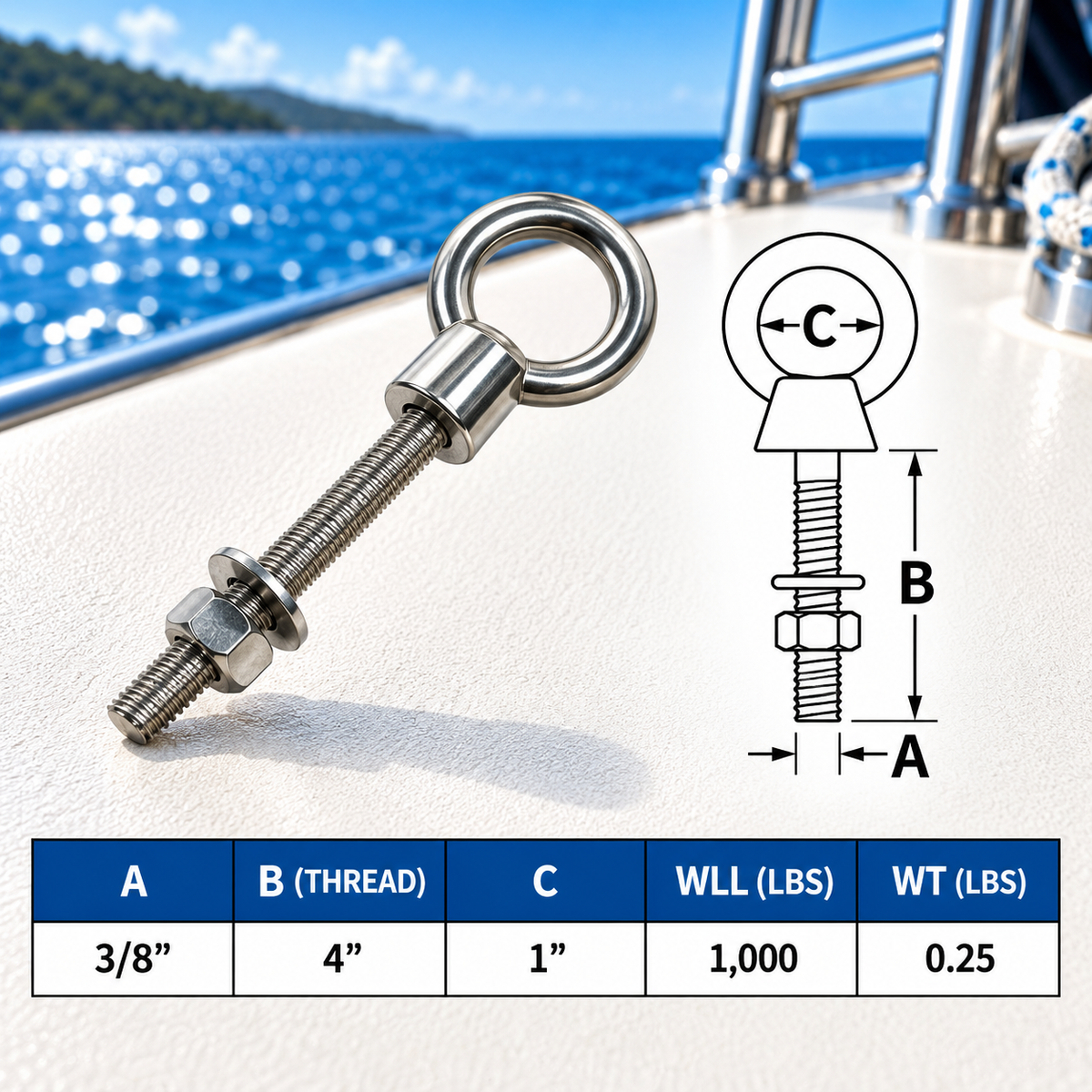 Stainless Steel T316 Marine Shoulder Eye Bolt, Fully Threaded 4", 6", and 12" Eye Bolt for Boat, Dock, and Rigging Use