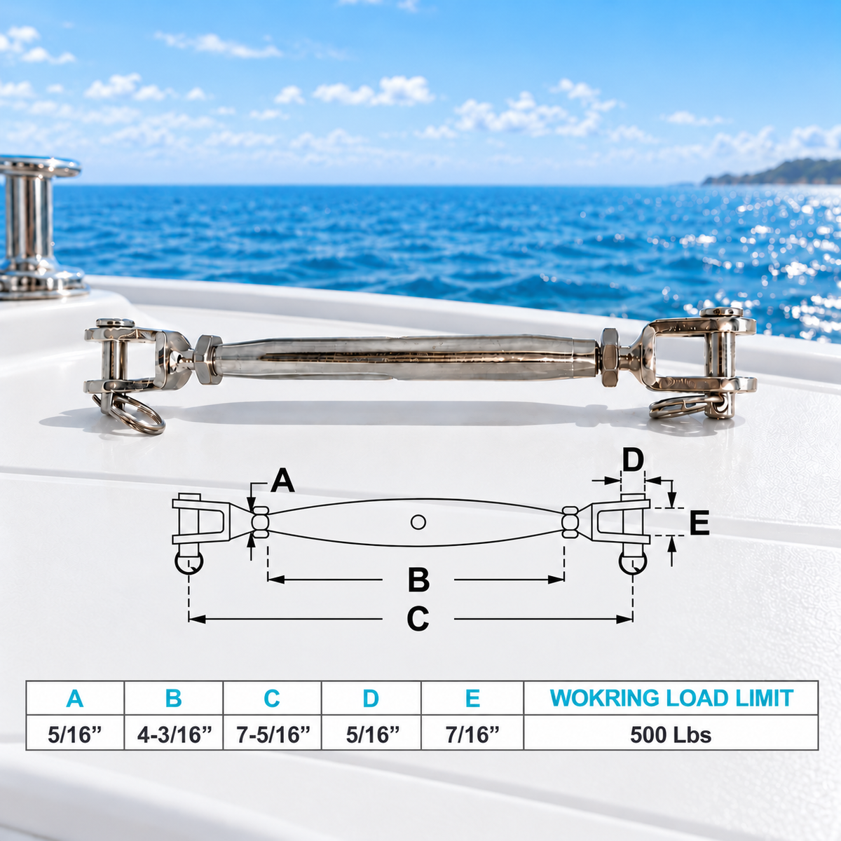 5 Pc Set T316 Stainless Steel Jaw Jaw Closed Body Turnbuckle, 3/16", 1/4", 5/16", 3/8", 5/8" Rigging Tensioner