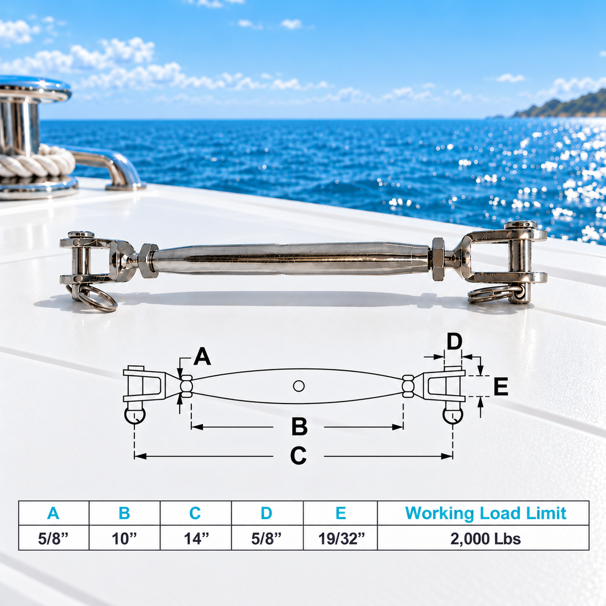 5 Pc Set T316 Stainless Steel Jaw Jaw Closed Body Turnbuckle, 3/16", 1/4", 5/16", 3/8", 5/8" Rigging Tensioner