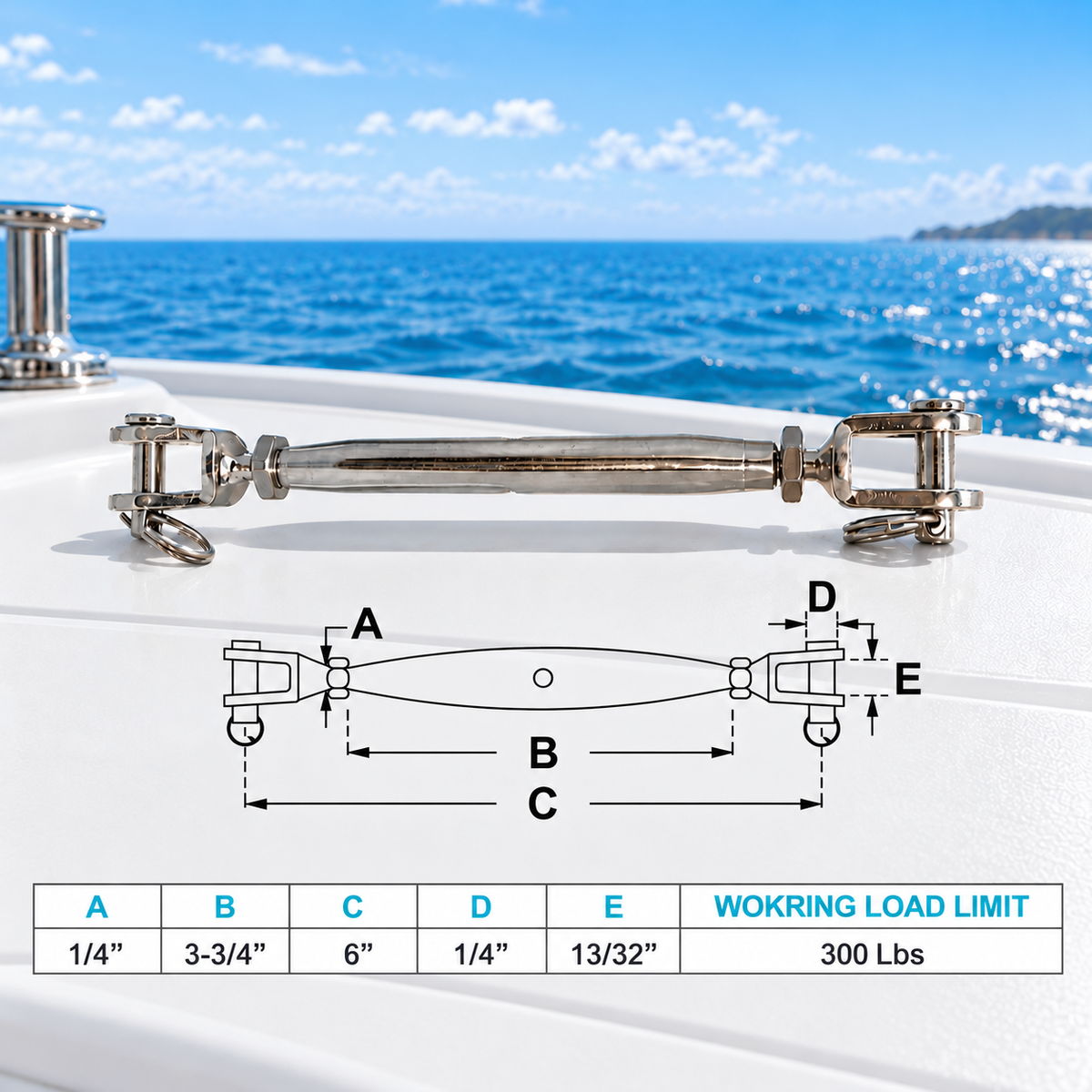 5 Pc Set T316 Stainless Steel Jaw Jaw Closed Body Turnbuckle, 3/16", 1/4", 5/16", 3/8", 5/8" Rigging Tensioner