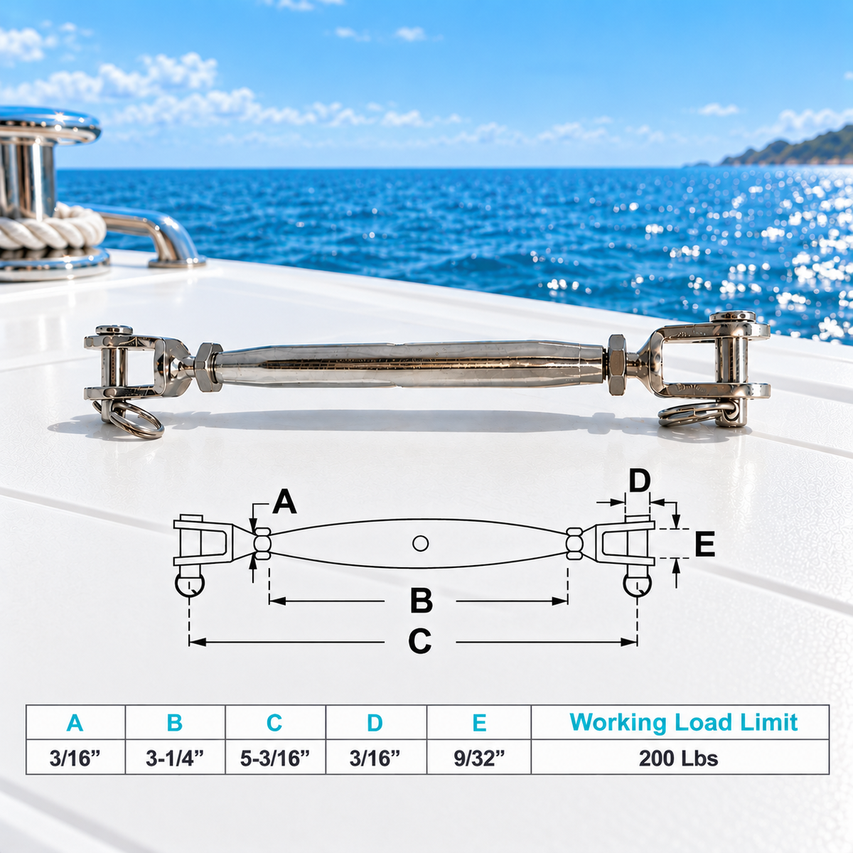 5 Pc Set T316 Stainless Steel Jaw Jaw Closed Body Turnbuckle, 3/16", 1/4", 5/16", 3/8", 5/8" Rigging Tensioner