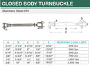 5 Pc Set T316 Stainless Steel Jaw Jaw Closed Body Turnbuckle, 3/16", 1/4", 5/16", 3/8", 5/8" Rigging Tensioner