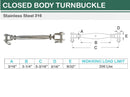 5 Pc Set T316 Stainless Steel Jaw Jaw Closed Body Turnbuckle, 3/16", 1/4", 5/16", 3/8", 5/8" Rigging Tensioner