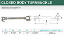 5 Pc Set T316 Stainless Steel Jaw Jaw Closed Body Turnbuckle, 3/16", 1/4", 5/16", 3/8", 5/8" Rigging Tensioner