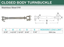 5 Pc Set T316 Stainless Steel Jaw Jaw Closed Body Turnbuckle, 3/16", 1/4", 5/16", 3/8", 5/8" Rigging Tensioner
