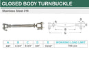 5 Pc Set T316 Stainless Steel Jaw Jaw Closed Body Turnbuckle, 3/16", 1/4", 5/16", 3/8", 5/8" Rigging Tensioner
