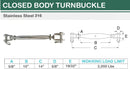 5 Pc Set T316 Stainless Steel Jaw Jaw Closed Body Turnbuckle, 3/16", 1/4", 5/16", 3/8", 5/8" Rigging Tensioner