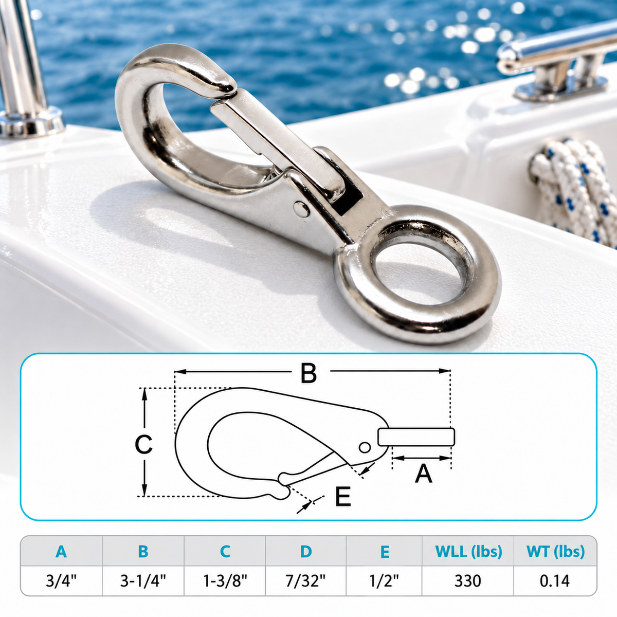 5 Pc Set T316 Stainless Steel Grade Marine Fixed Eye Boat Snap Hook, 3/8", 5/8", 3/4" Snap Clip for Rope, Chain, and Rigging