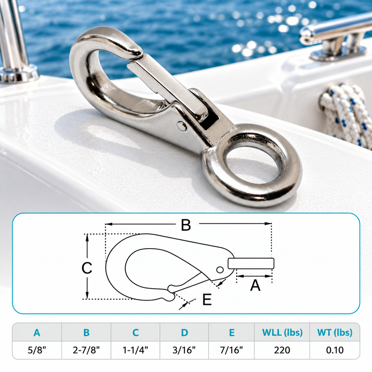 5 Pc Set T316 Stainless Steel Grade Marine Fixed Eye Boat Snap Hook, 3/8", 5/8", 3/4" Snap Clip for Rope, Chain, and Rigging