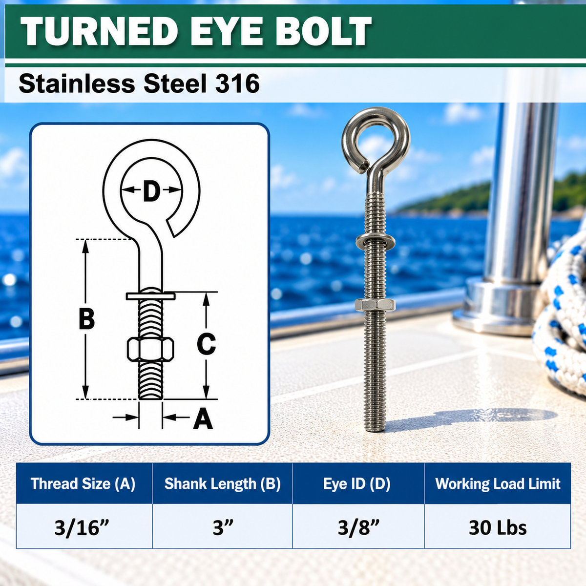 Marine Boat T316 Stainless Steel Turned Eye Bolt with Nut and Washer, Eye Bolt Hardware for Deck, Dock, and Rigging