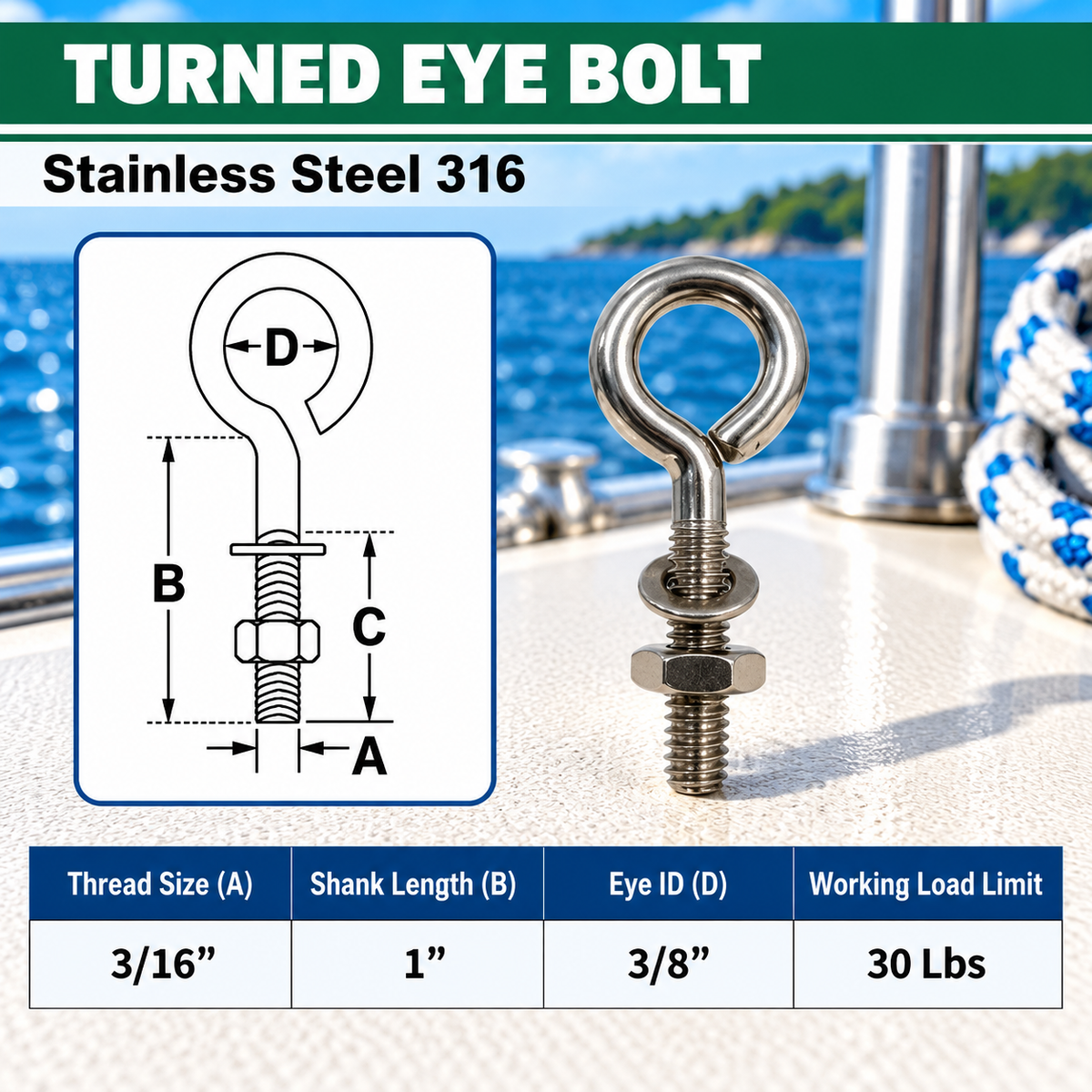 Marine Boat T316 Stainless Steel Turned Eye Bolt with Nut and Washer, Eye Bolt Hardware for Deck, Dock, and Rigging