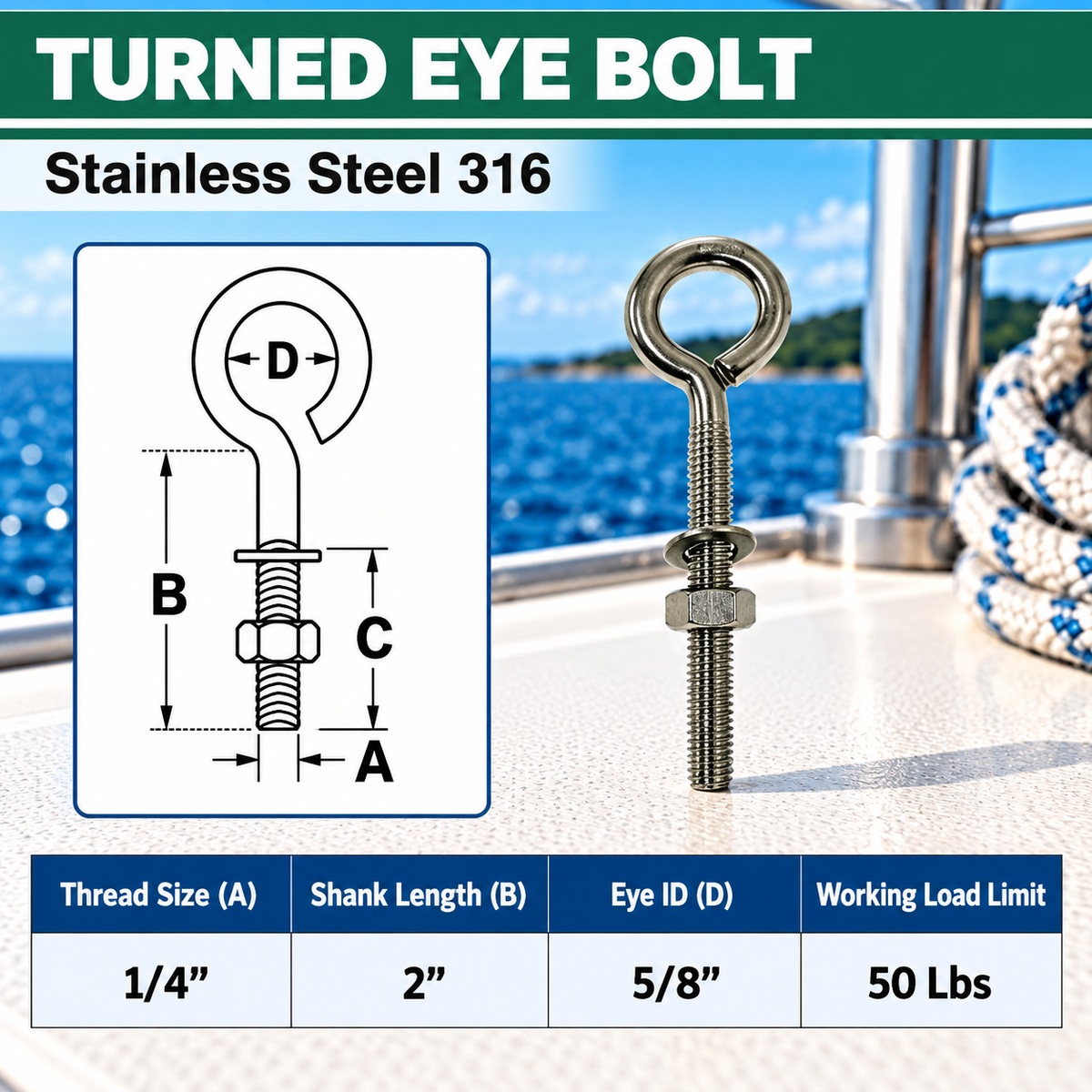 Marine Boat T316 Stainless Steel Turned Eye Bolt with Nut and Washer, Eye Bolt Hardware for Deck, Dock, and Rigging