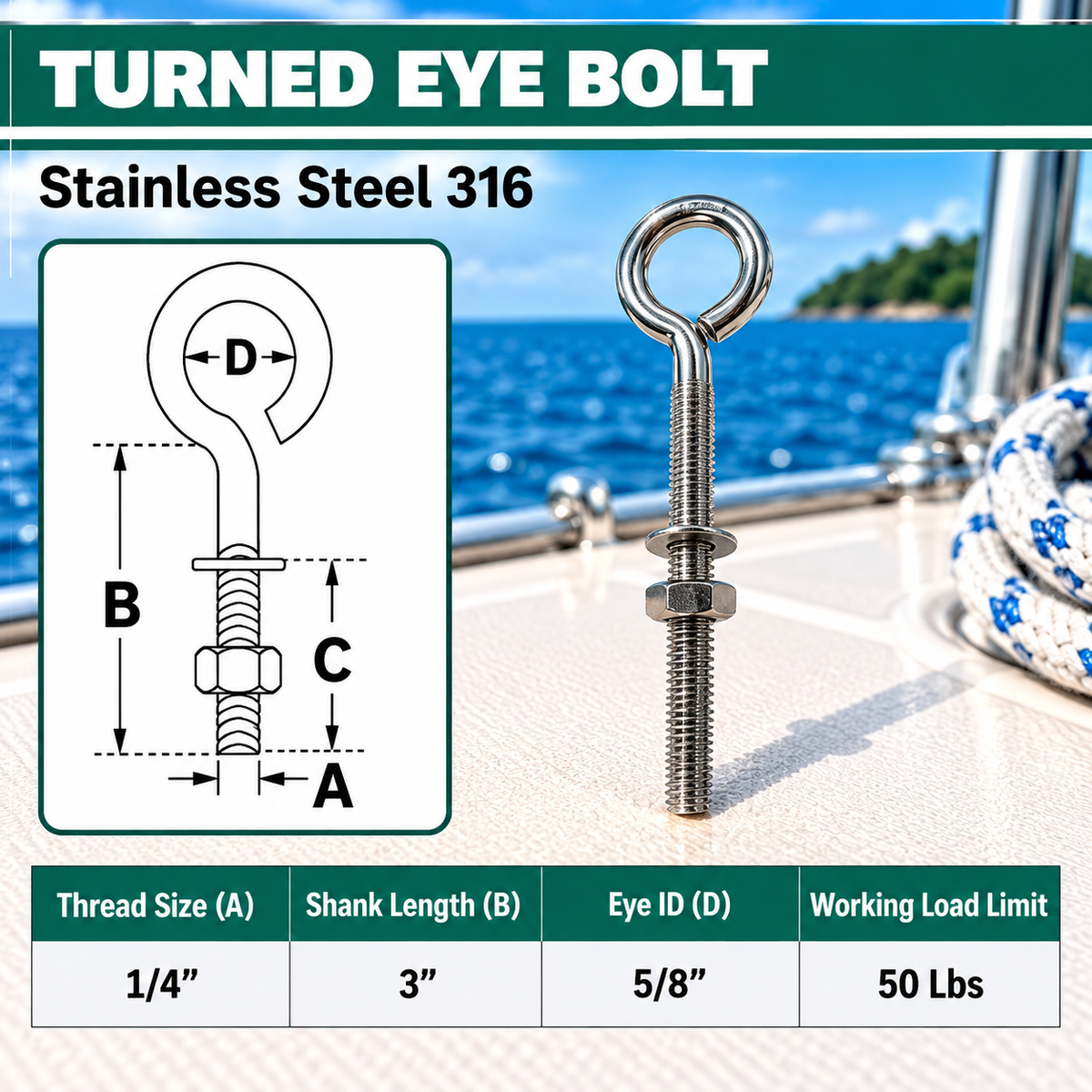 Marine Boat T316 Stainless Steel Turned Eye Bolt with Nut and Washer, Eye Bolt Hardware for Deck, Dock, and Rigging