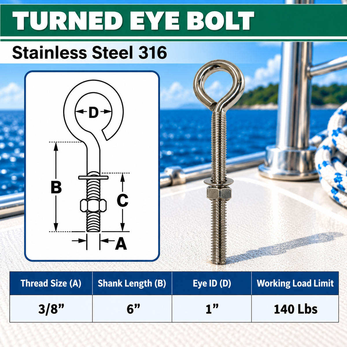 Marine Boat T316 Stainless Steel Turned Eye Bolt with Nut and Washer, Eye Bolt Hardware for Deck, Dock, and Rigging